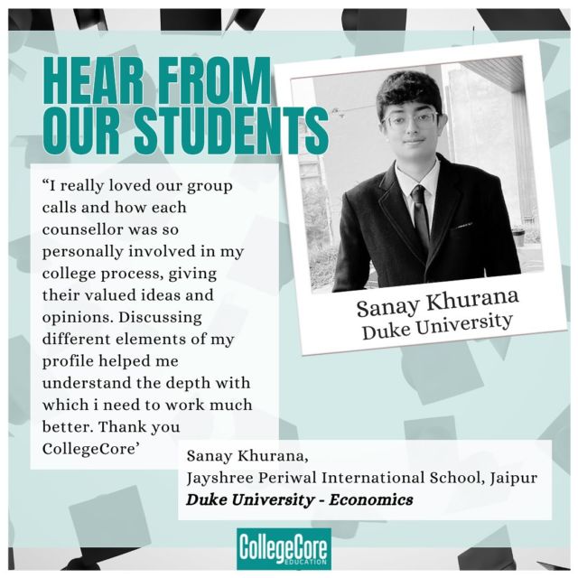 Huge congratulations to Sanay Khurana for being accepted into Duke University for Economics! 🌟🎉
Your hard work has truly paid off. We’re thrilled to have been part of your journey and appreciate your kind words about our consultancy’s support. 
Here’s to your bright future at Duke! 💙🎓 

#dukebound #economics #studentsuccess #consultancysupport #futureleaders #collegecore #dukeuniversity