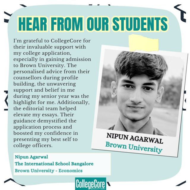 🌟 Huge shoutout to Nipun Agarwal for being accepted into Brown University for Economics! 🎉 Your commitment and passion have led you to this amazing achievement. We’re grateful to have been part of your journey. Cheers to your bright future ahead! 💙🎓 

#brown #economics #studentsuccess #futureleaders #brownuniversitystudents #testimonial #counsellor #profile