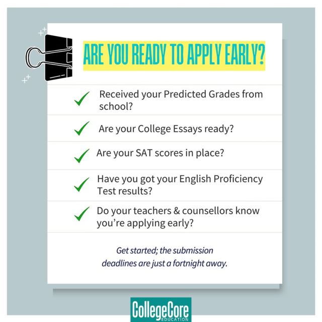 Ready to kickstart your study abroad adventure? Here’s your early application checklist! ☑️

From SAT scores to predicted grades, refer to our checklist to stay on top of your game! Check these off and get ready to shine in your applications! ✨🎓

#studyabroad #dreambig #dream #college #prep #application #university #instagood #scores #sat #english #test #collegeessay #lor #grades #todo #checklist #list